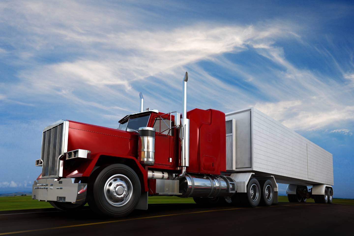 A red semi-truck with a silver trailer, emblazoned with "Hot Shot Transport," drives on a road under a blue sky with scattered clouds.