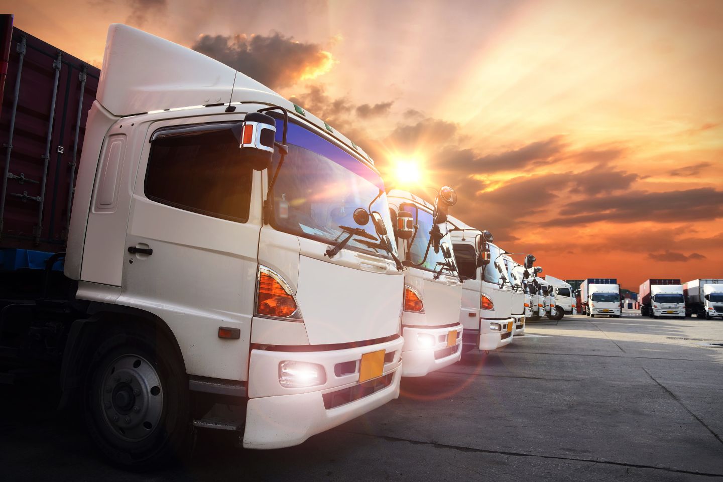 A row of white trucks parked in a lot under a dramatic sunset sky, evoking a sense of home and tranquility.