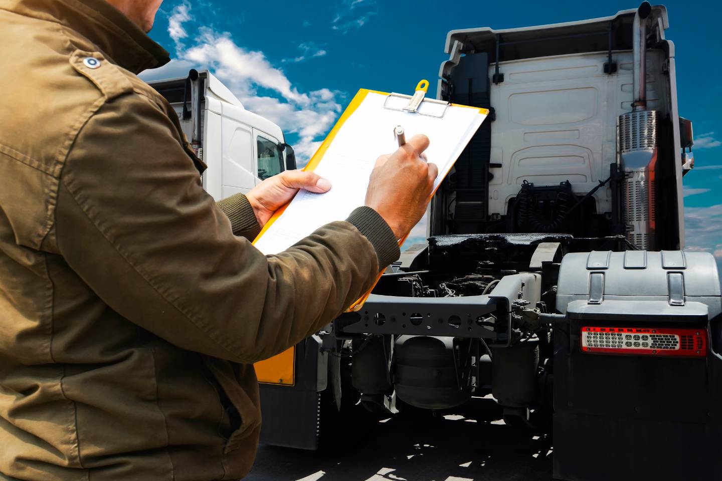 Person in a brown jacket holding a clipboard, inspecting the back of a large Power-Only Trucking vehicle on a clear day.